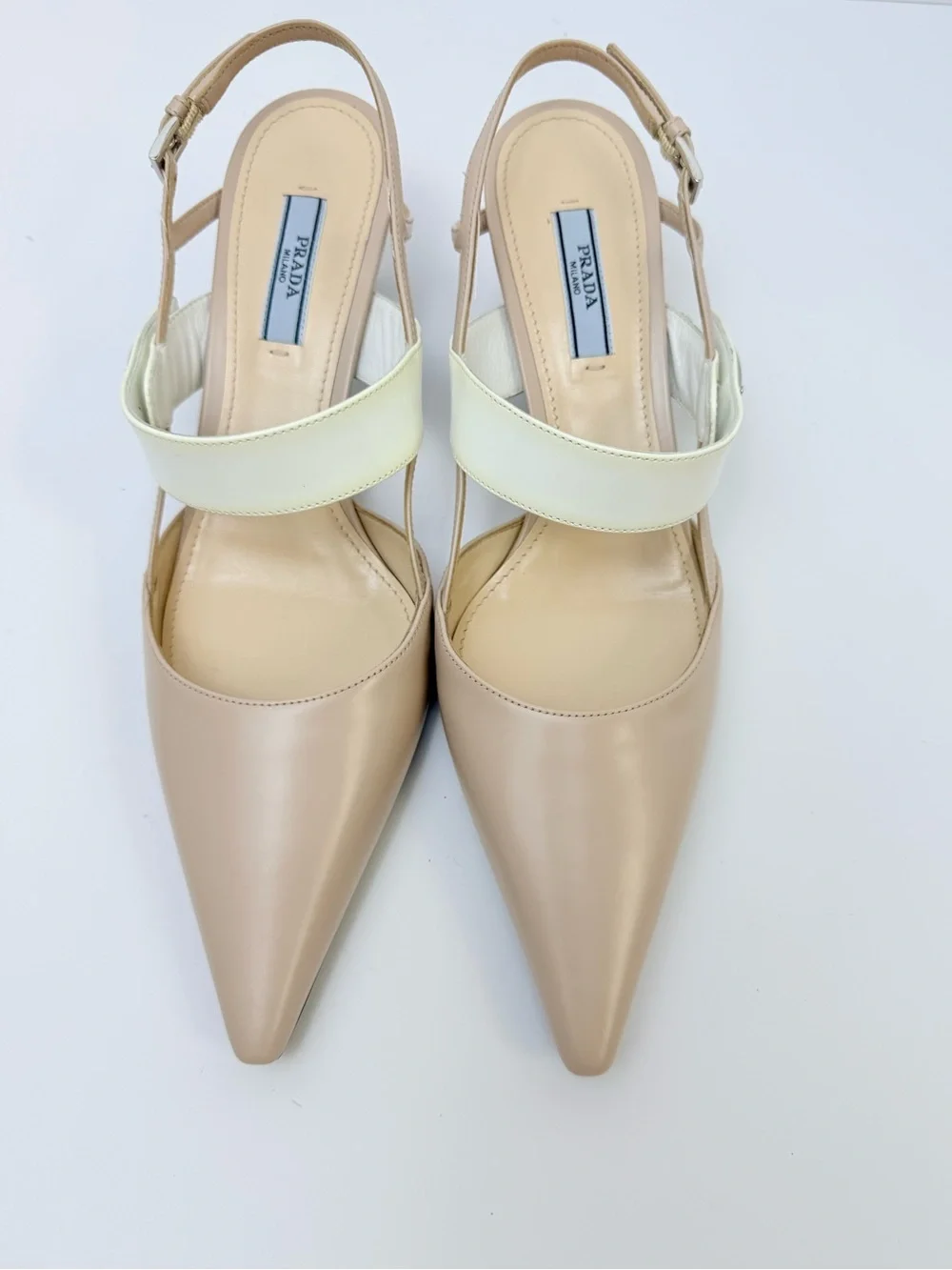 Prada Triangle Logo Mary Jane Slingback Nude Ivory Leather Heel pumps EU 38.5